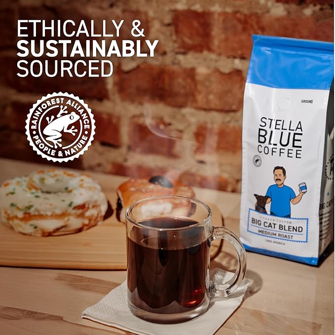 Stella Blue Ground Coffee, Big Cat Blend, Medium Roast, Caramel, Hazelnut and Fruity Notes, 100% Arabica, Ethically Sourced from Central and South America, 12 oz bag
