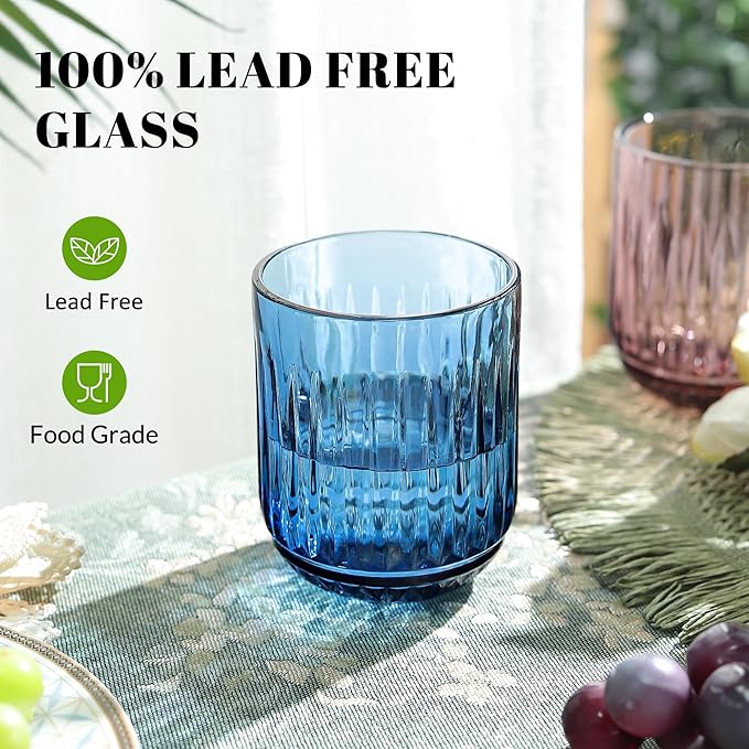 Joeyan Vintage Small Drinking Glasses,9 oz Ribbed Colored Water Cocktail Tumblers Cups,Beer Wine Juice Milk Beverages Glassware,Set of 4,Dishwasher Safe