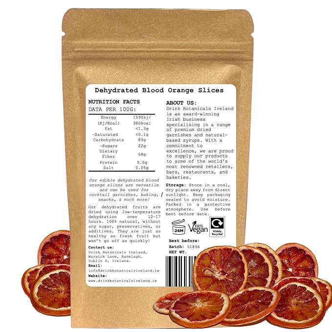 Dehydrated Dried Blood Orange Slices Wheels | 17+ Slices | 100% Natural | Sugar Free, Gluten Free | Dehydrated Citrus for Cocktails, Garnishes, Deserts | 1.76 Oz (50 Grams) | Drink Botanicals Ireland