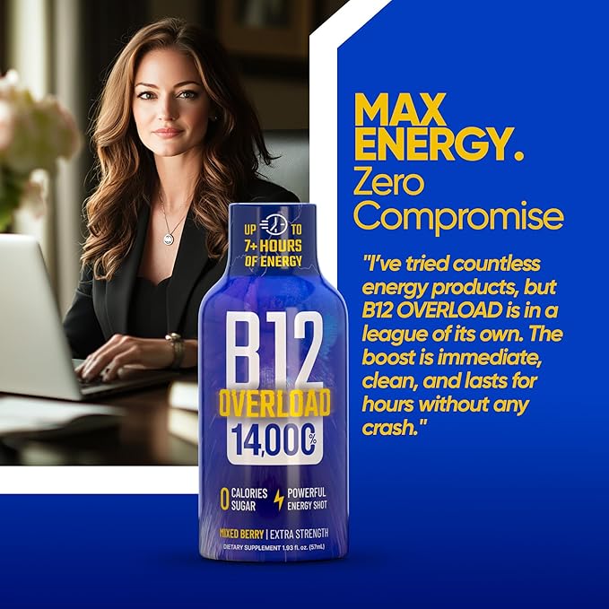 B12 Overload Extra Strength Energy Shot ??Mixed Berry??260mg Caffeine, 14000% B12, Electrolytes ??Energy & Vitality Support ??Zero Sugar No Calories ??Vegan, Kosher, Gluten-Free ??1.93 fl oz, 24-Pack