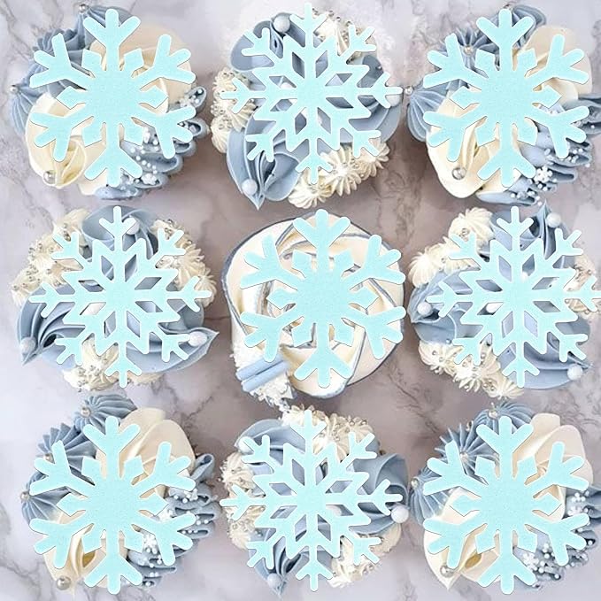 60 PCS Edible Snowflake Cupcake Toppers Wafer Paper Snowflake Cake Decorations Edible Snowflake Cupcake Picks Topper for Christmas Winter Frozen Theme Baby Shower Birthday Party Supplies Blue