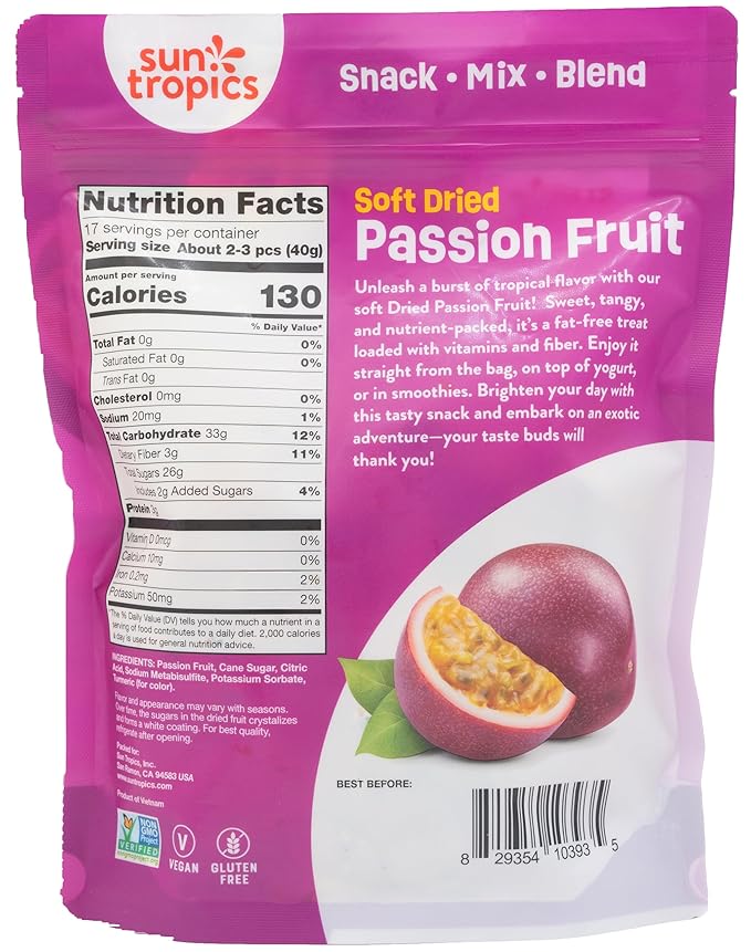 Soft Dried Passion Fruit Snack – Sweet Tangy Tropical Fruit Slices, High in Fiber & Vitamin C, Fat-Free Vegan Snack for Smoothies, Yogurt, On-the-Go Travel Treats – Resealable Pack