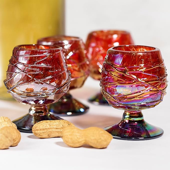 Authentic Mexican Tequila Hand Blown Shot Glasses - Set of 4-2 oz - Mini Glass Snifters - Heavy Base - Cognac (Diamond)