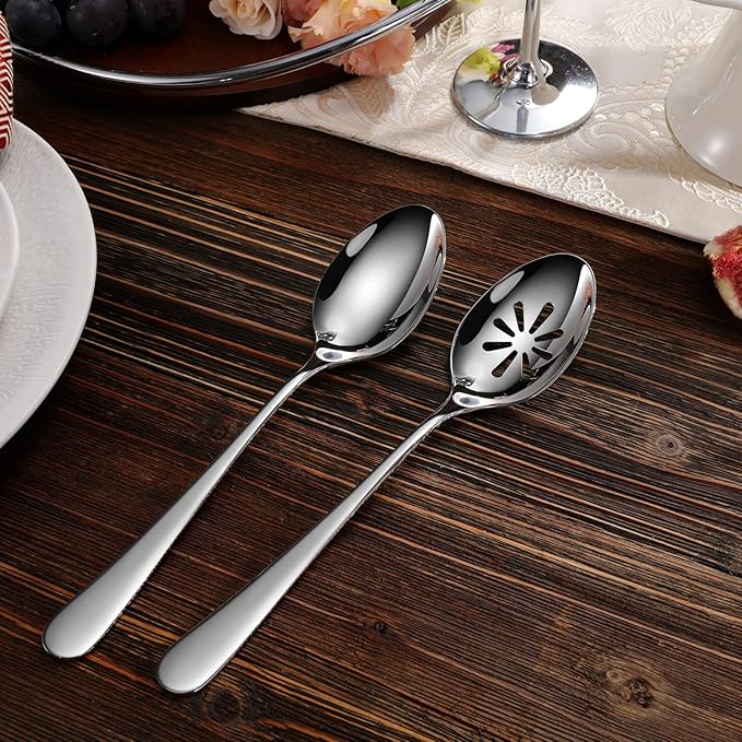 KEAWELL Louise Premium 2 Piece Serving Spoons and 2 Piece Serving Slotted Spoons ??9 inches ??18/10 Stainless Steel - Uniting Elegance and Durability - Exquisite Serving Utensils for Parties