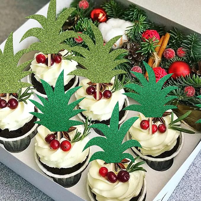 Rsstarxi 30 Pack Pineapple Cupcake Toppers - Green Glitter Donut Pineapple Cute Cupcake Picks - Summer Luau Tropical Hawaiian Cake Decorations for Baby Shower Birthday Party
