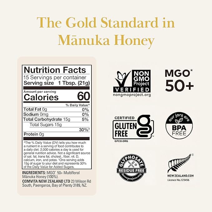 Comvita Multifloral Manuka Honey (MGO 50+) | New Zealand’s #1 Manuka Brand | Raw, Wild, Non-GMO | Delicious & Creamy Superfood for Daily Vitality | 11oz Squeeze Bottle