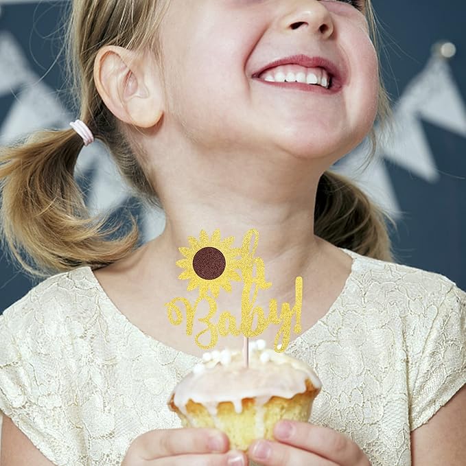 YCTHUNFISH 24 Pack Gold Glitter Sunflower Baby Shower Cupcake Toppers