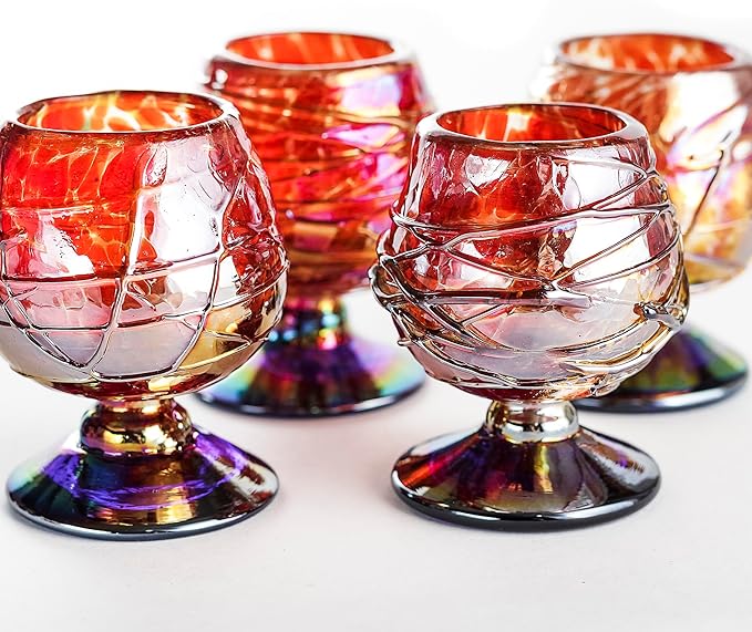 Authentic Mexican Tequila Hand Blown Shot Glasses - Set of 4-2 oz - Mini Glass Snifters - Heavy Base - Cognac (Diamond)