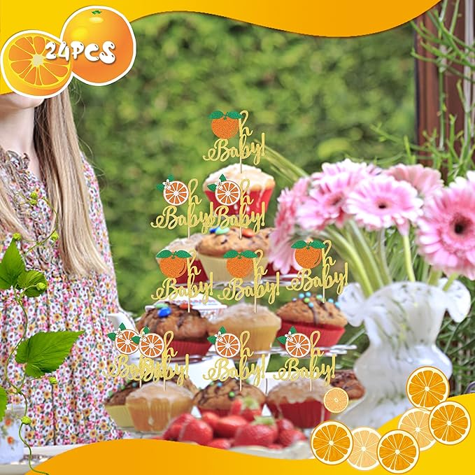 24 Pack Little Cutie Oh Baby Cupcake Toppers Glitter Orange Cupcake Picks for Citrus Theme Baby Shower Kids Birthday Party Tangerine Clementine Fruit Party Cake Decorations Supplies