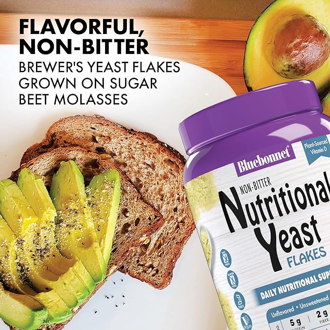 BlueBonnet Nutrition Non-Bitter Nutritional Yeast Flakes - Plant-Sourced Protein, B Vitamins & Vitamin D - Non-GMO, Vegan, Kosher, Gluten-Free, Soy-Free - 10.58 oz, 30 Servings