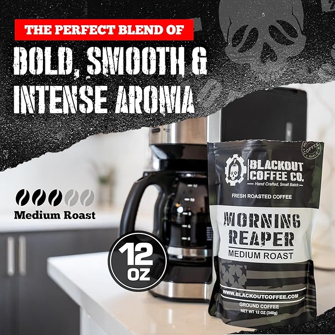 Blackout Coffee Morning Reaper Ground Coffee ??Medium Roast, Bold & Strong Flavor ??Freshly Roasted 12oz Bag, American Made
