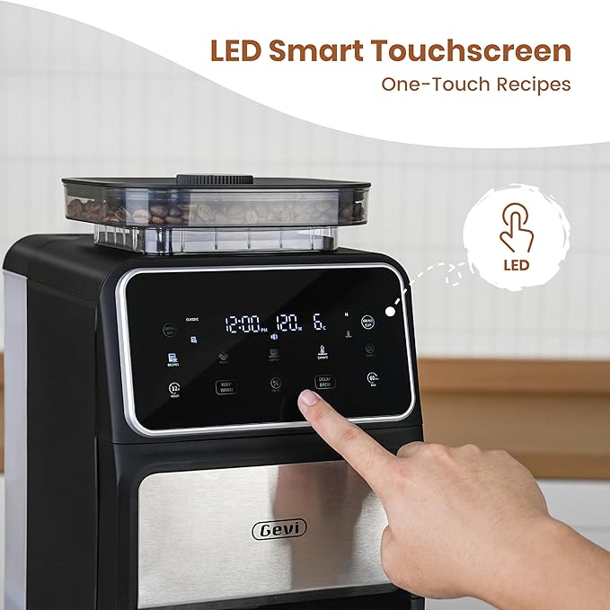 Gevi 10-Cup Grind & Brew Coffee Maker with Built-in Burr Grinder โ Programmable Touch Screen, 4-Hour Keep Warm, Permanent Filter, Drip Coffee Machine for Home & Office