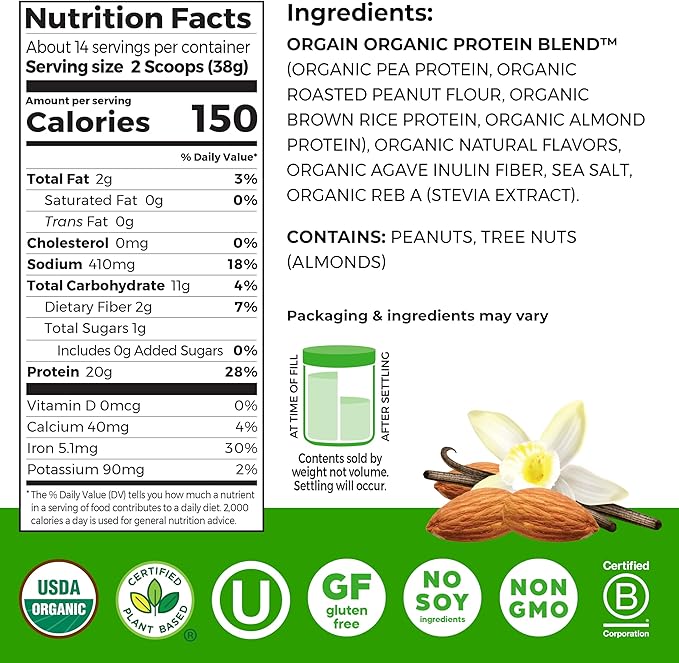 Orgain X Justin's ì§?Organic Vegan Nut Butter Protein Powder, Vanilla Almond Butter- 20g Plant Protein, 1g Sugar, Gluten Free, No Dairy, Soy Ingredients, or Artificial Flavors, 1.17 lb