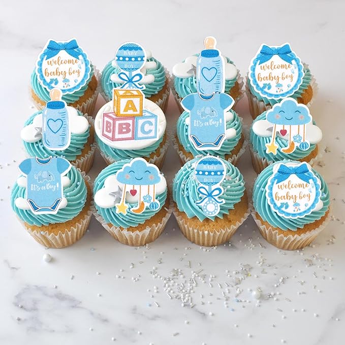 60 PCS Edible Oh Baby Cupcake Toppers Pacifier Cloud Moon Star Welcome Baby Boy Cupcake Picks Edible Baby Shower It's a Boy Cake Decorations for Baby Shower Boys Birthday Party Supplies Blue
