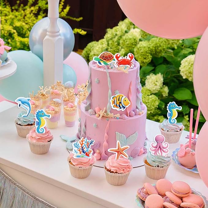 40 Pcs Edible Ocean Cupcake Toppers Ocean Theme Party Decorations Sea Animals Weaweed Party Cake Picks for Kids Under the Sea Baby Shower Birthday Party Supplies