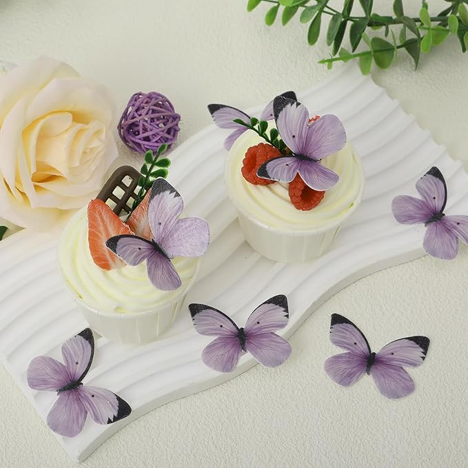50PCS Edible Butterflies Cake Decorations-Small Pastel Purple Butterfly Cake and Cupcake Toppers Wafer Paper butterfly Decor for Wedding Baby shower Birthday Cake Topper