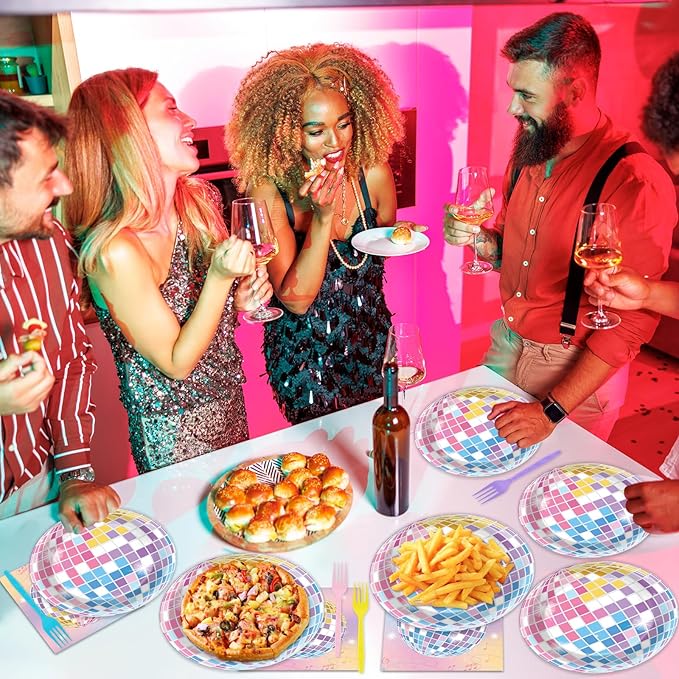 96Pcs Singer Plates and Napkins Disco Ball Party Decorations Colorful Disco Ball Dessert Plates Music Themed Birthday Tableware for 24 Guests Music Lover Birthday Wedding Anniversary Party Supplies