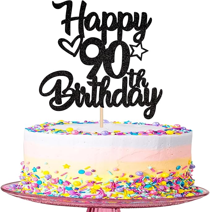 1 Pack Happy 90th Birthday Cake Topper Glitter Heart Star 90 Fabulous Cake Pick Birthday Sign Cake Decorations for Children 90th Birthday Theme Party Supplies Black