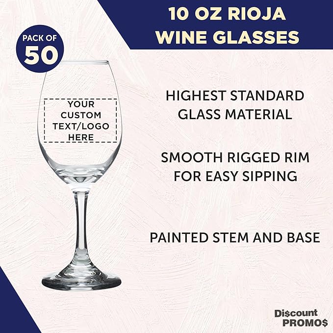 Custom Rioja Wine Glasses with Stem 10 oz. Set of 50, Personalized Bulk Pack - Color Bottom, Perfect for Wedding, Party Favors, Birthday, Bridal Shower Gifts - Clear
