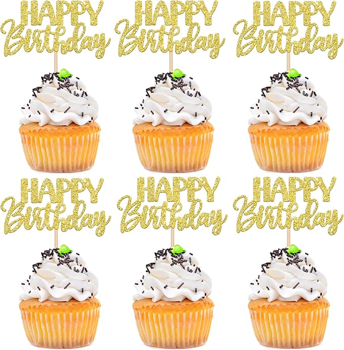30 PCS Happy Birthday Cupcake Toppers Glitter Happy Birthday Cupcake Picks for Celebrating Anniversary Theme Party Cake Decorations Supplies Gold