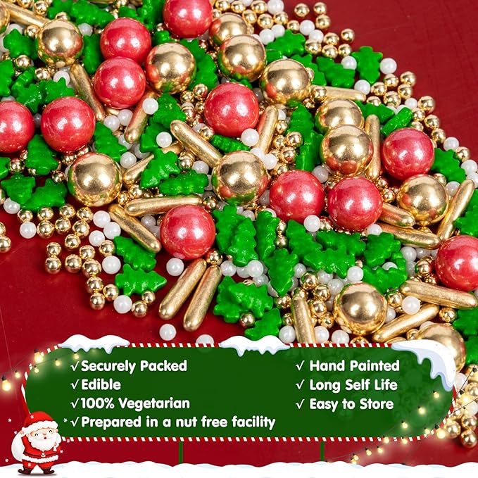 Christmas Tree Sprinkles for Cake Decorating,130g Red Gold and White Pearl,Gold Rods Green Trees Mixed,Edible Sugar Holiday sprinkle for Cupcake Toppers, Cookie, Ice Cream Decorations Christmas Party Supplies