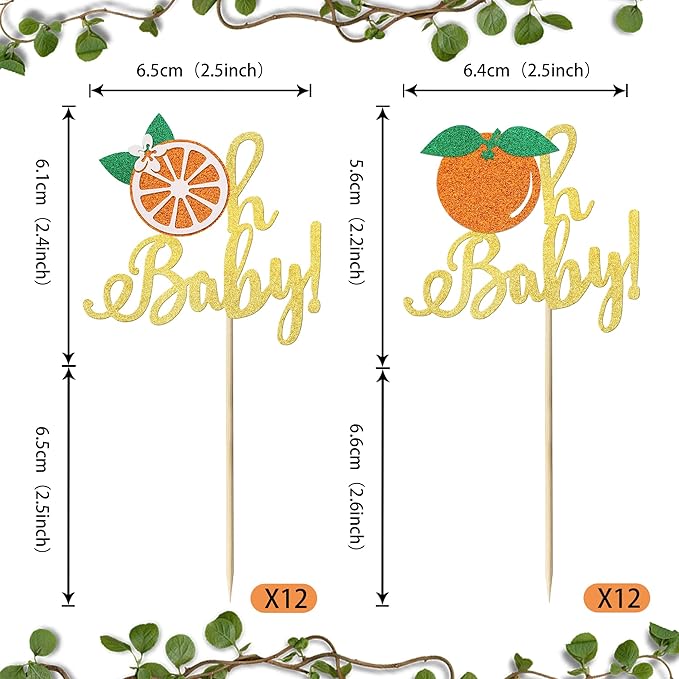 24 Pack Little Cutie Oh Baby Cupcake Toppers Glitter Orange Cupcake Picks for Citrus Theme Baby Shower Kids Birthday Party Tangerine Clementine Fruit Party Cake Decorations Supplies