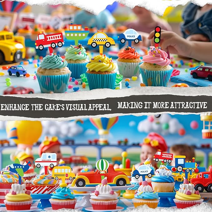 40 Pcs Transportation Cupcake Toppers - Perfect for Transportation-Themed Party Decorations and Cupcake Decor