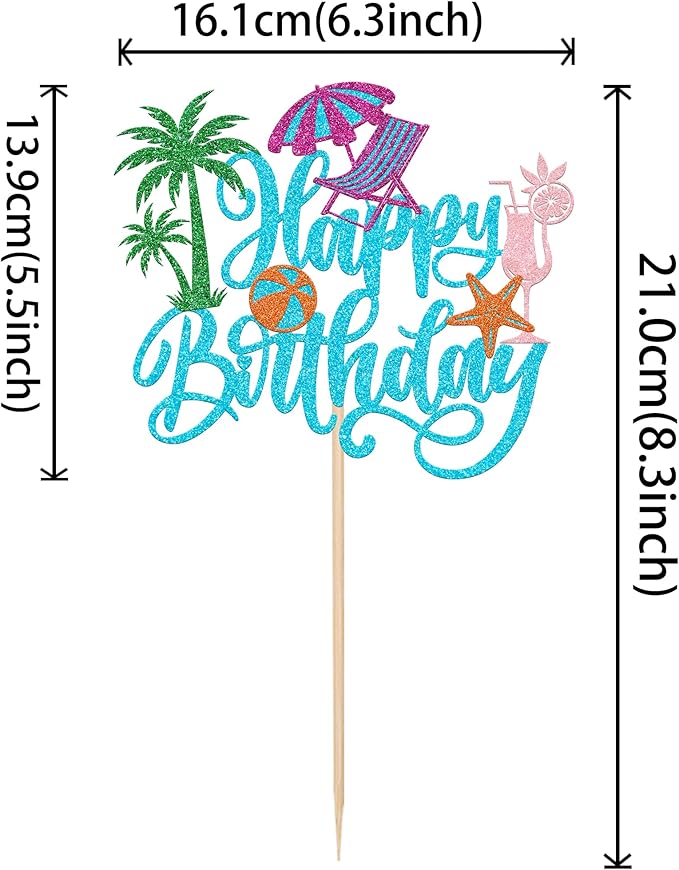 Rsstarxi 1 Pack Summer Beach Happy Birthday Cake Topper Pool Birthday Cake Decorations Chair Ball Cupcake Picks for Hawaiian Holiday Baby Shower Party Decorations Blue
