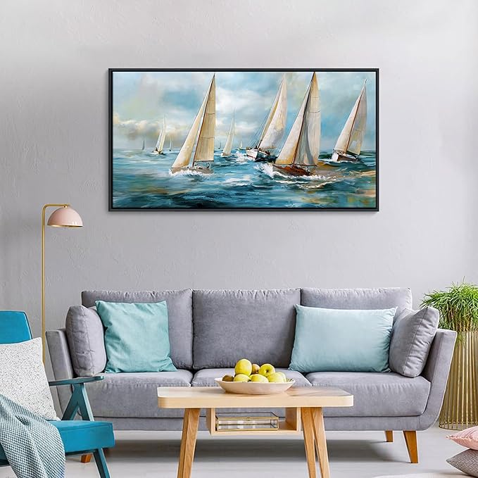 YDYSUNE Sailboat Wall Art - Blue Canvas Abstract Painting Textured Picture Artwork Vintage Nautical Large Painting Coastal Modern Print Frame for Living Room Bedroom Home 20x40inch