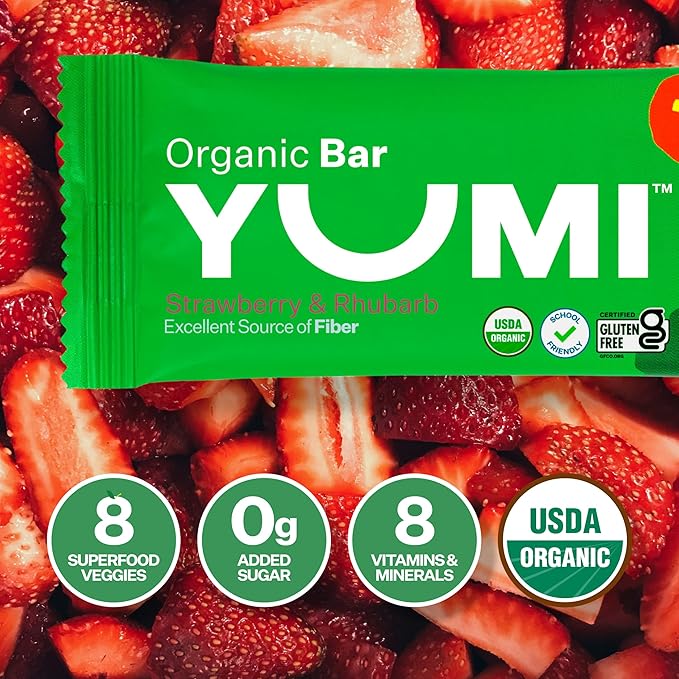 Yumi Organic Toddler Snacks Bars - Gluten-Free, No Added Sugar, 7+ Vegetables, Soft-Baked Crust, Yumi Bars Healthy Toddler Organic Snacks - School Safe and for Lunch Boxes, Strawberry & Rhubarb (30ct.)
