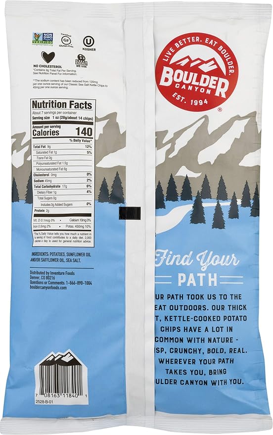 Boulder Canyon Kettle Cooked Potato Chips, Non-GMO Verified, Gluten Free, 60% Less Sodium, 6.5 Ounce (Pack of 12)