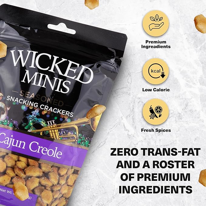 Wicked Minis Soup & Oyster Crackers - Saltine & Salted Flavored Mini Puffed Soup, Savory Snacking Mix, Seasoned Croutons Salad Toppers, Crackers for Chili 6oz (Cajun Creole, 1 Pack)