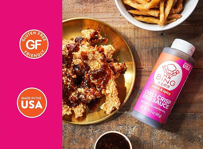 Mr. Bing Sweet & Spicy Chili Crisp BBQ Sauce, 14.5 oz, Marinade Dip and Stir-Fry Sauce, Made in USA. Gluten-Free, MSG Free (Pack of 1)
