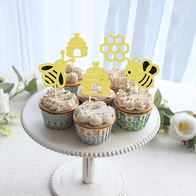 24 PCS Bumble Bee Cupcake Toppers Bumble Bee Party Decorations for Kids Girls Birthday Baby Shower Honey Bee Themed Party Supplies