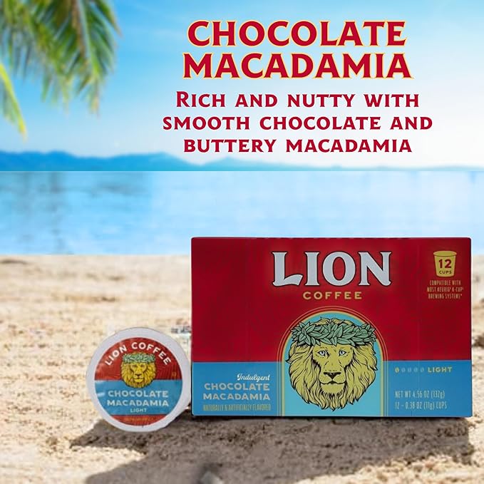 Lion Coffee Chocolate Macadamia Flavored Medium Roast Coffee Pods - Single-Serve Pods - Hawaiian Inspired Flavor - Arabica Coffee - Compatible with Single-Serve Brewing Systems - 12 Count Box
