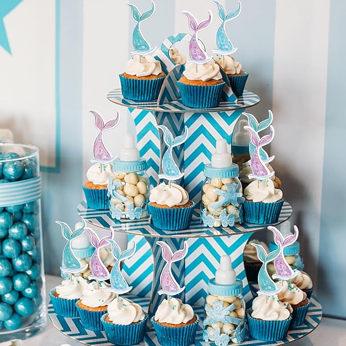 40 Pack Mermaid Cupcake Toppers Under the Sea Mermaid Tail Cupcake Picks for Summer Ocean Sea Animal Theme Baby Shower Kids Birthday Party Cake Decorations Supplies