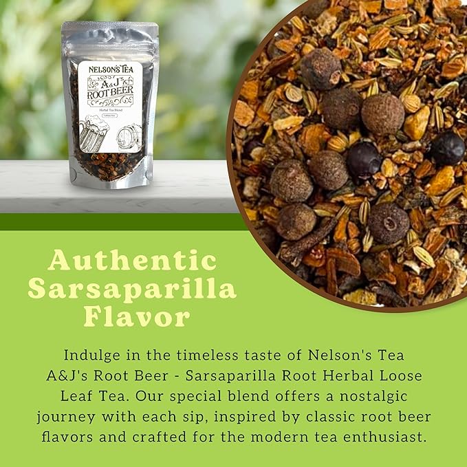 Nelson's Tea A&J's Root Beer - Sarsaparilla Root Herbal Loose Leaf Tea - A Harmonious Blend of Flavorful Ingredients like Sarsaparilla, Burdock Root, Birch Bark, and More! (2 oz)