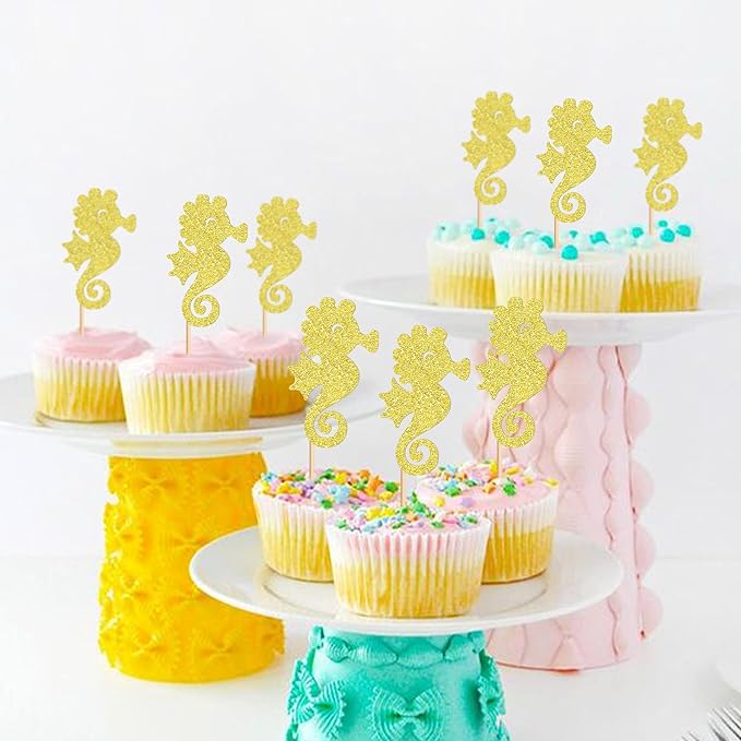 24 PCS Seahorse Cupcake Topper Ocean Themed Party Seahorse Cupcake Decorations Baby Shower Birthday Party Decorations