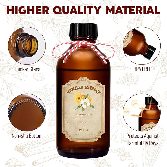 12 Pack 2 Ounce Amber Glass Bottle with Lids Vanilla Extract Homemade Brown Bottle 2 oz and 12Pcs Vanilla Extract Stickers for Syrup Gift Glass