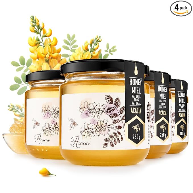 HONIGMA® Raw Acacia Honey | Exquisite Taste | 100% Pure | Unpasteurized | Unfiltered | Partially crystallized | 8.8 Fl Oz Pack of 4