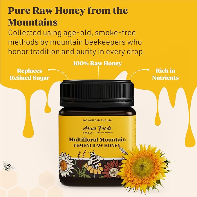 Arwa Foods Multifloral Mountain Yemeni Raw Honey - Royal Yemeni Raw Organic honey from Wadi of Douan - Sealed & Packaged in USA - 100% Unfiltered, Raw & Pure Honey (8.82 oz)