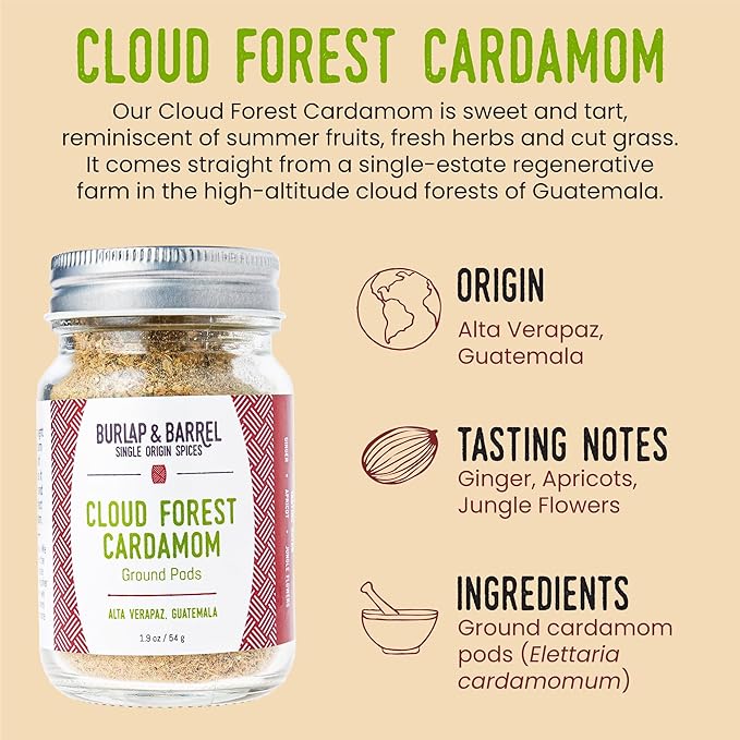 Burlap & Barrel Cloud Forest Cardamom – Sweet & Tart Cardamom Pods with Notes of Summer Fruits & Fresh Herbs – Spice & Powder – As Seen On Shark Tank -1.9oz Glass Jar