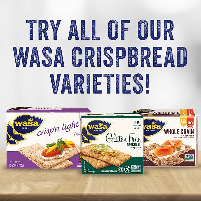 WASA Thin Rye Swedish Crispbread, 8.6 oz, Non-GMO Project Verified Rye Crackers, No Saturated Fat (0.5g Total Fat), 0g of Trans Fat, No Cholesterol, 100% Whole Grain (Pack of 12)