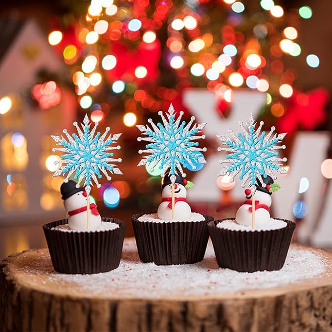 24 PCS Snowflake Cupcake Toppers Assemble Glitter Double Layers Winter Snowflake Cupcake Picks for Winter Wonderland Baby Shower Birthday Merry Christmas Party Cake Decorations Supplies