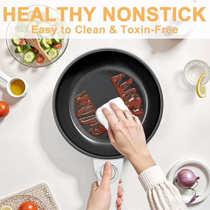 Dezin Hot Pot Electric with Steamer Upgraded, Non-Stick Saut챕 Pan, Rapid Noodles Electric Pot, 1.5L Mini Pot for Steak, Egg, Fried Rice, Ramen, Oatmeal, Soup with Power Adjustment