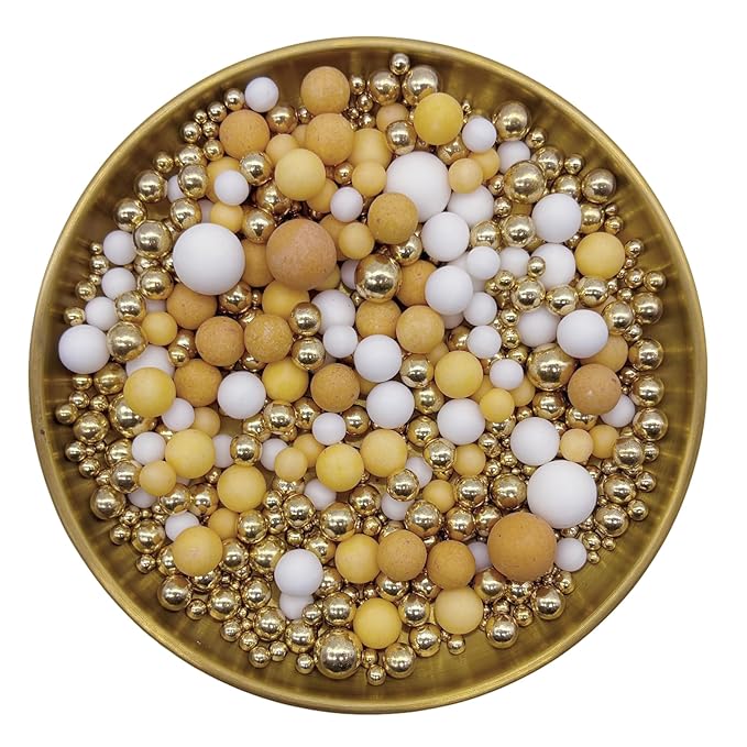 Dynastang Mixed Size Light Brown & Gold & White Pearls Sprinkles Edible Pearls Cake Decorating Pearls Cake Decorations Cupcake Toppers Decorating Perfect for Cakes, Cupcakes, Desserts 3OZ