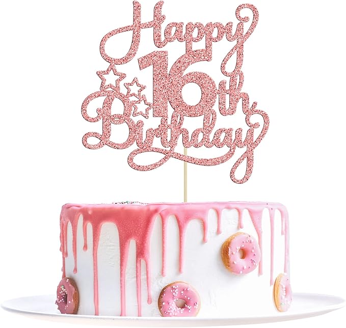 1 Pack Happy 16th Birthday Cake Topper Glitter Sweet 16 Cake Pick Birthday 16th Birthday Cake Decorations for Children 16th Theme Party Supplies Rose Gold