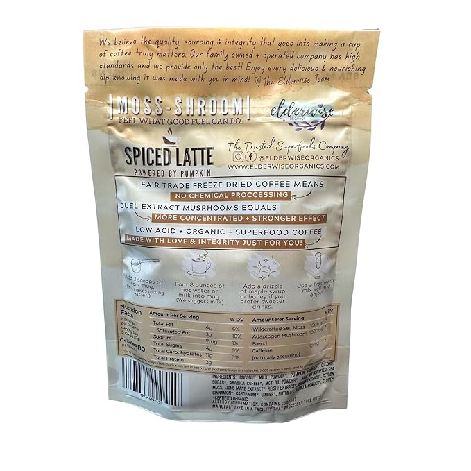 Elderwise Organics Coffee Spiced Latte | Powered by Pumpkin & Mushrooms | Sea Moss, Chaga, Lion's Mane, Reishi | 8 Servings - Freeze Dried Instant - Chemical free - Fair Trade