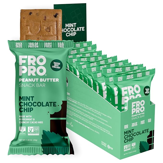 FROPRO Plant Protein Snack Bars - Plant Based Protein Bars, All-Natural, Gluten, Dairy, & Soy Free, High Protein Bars with Low Calories | Mint, 12 Pack