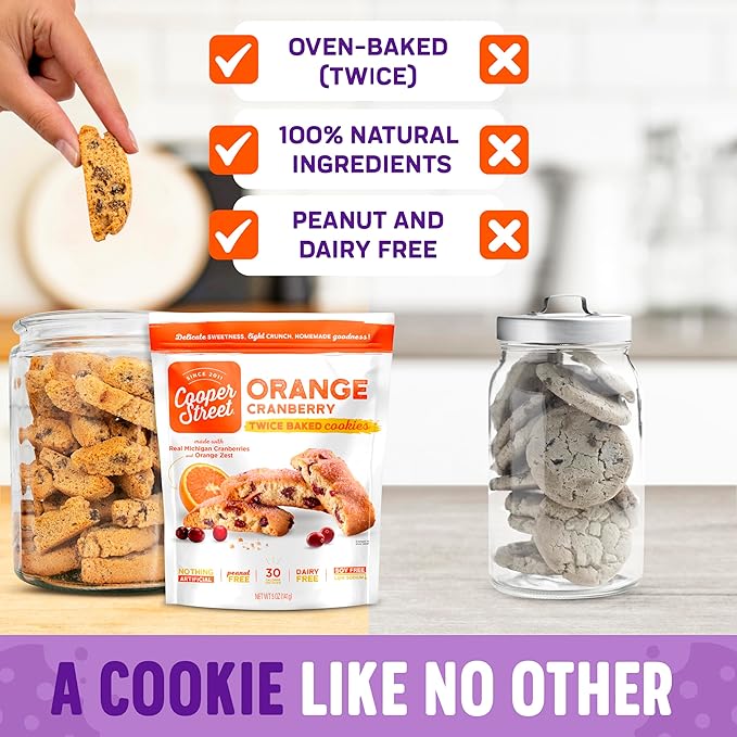 Cooper Street Italian Biscotti Cookies, Orange Cranberry Flavor, 1.25oz, 24 Pack, Peanut & Dairy Free, Satisfying Sweet Tooth Without Guilt